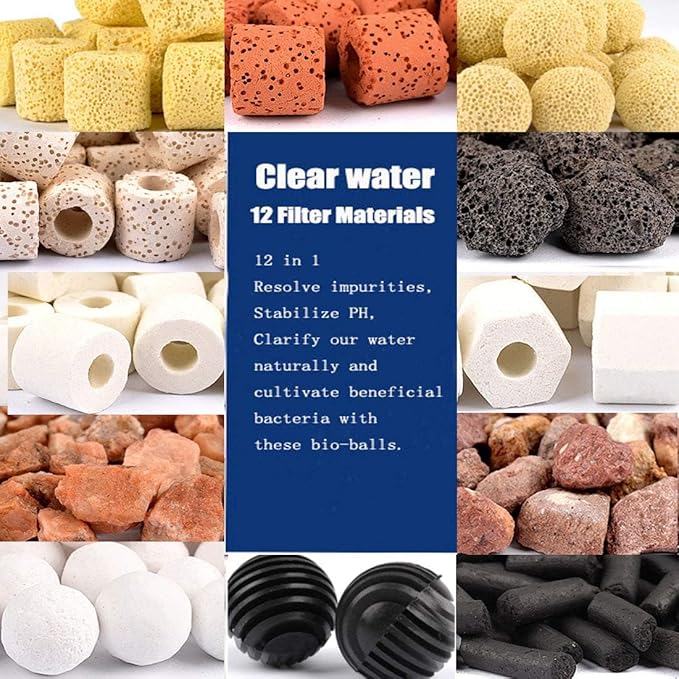Hamiledyi Aquarium Filter Media 12 in 1 Bio Balls Ceramic Rings Fish Tank Pond Biofilter Filter Media 500 Grams with Mesh Bag