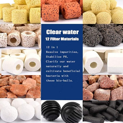 Hamiledyi Aquarium Filter Media 12 in 1 Bio Balls Ceramic Rings Fish Tank Pond Biofilter Filter Media 500 Grams with Mesh Bag