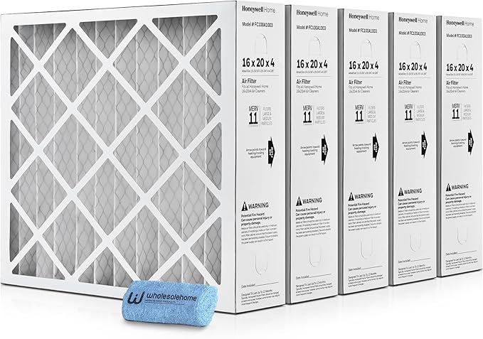 16x20x4 Air Filter Replacement MERV 11, FC100A1003 Pleated HVAC AC Furnace Filters with Wholesalehome Cleaning Cloth, 5-Pack (Actual Size: 15.94 x 19.75 x 4.38 Inches)