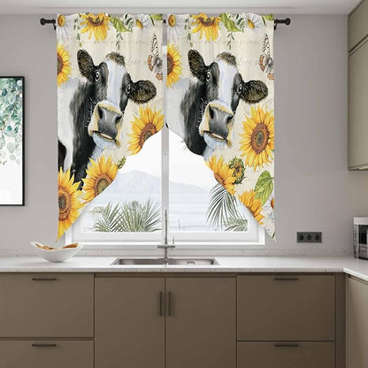 Yellow Sunflowers Swag Valances for Windows, Country Cow Flower Butterfly Farmhouse Cream Rod Pocket Kitchen Curtains Valance, Kitchen Window Curtains Swag for Cafe Living Room, 2 Panels, 36x63 inch