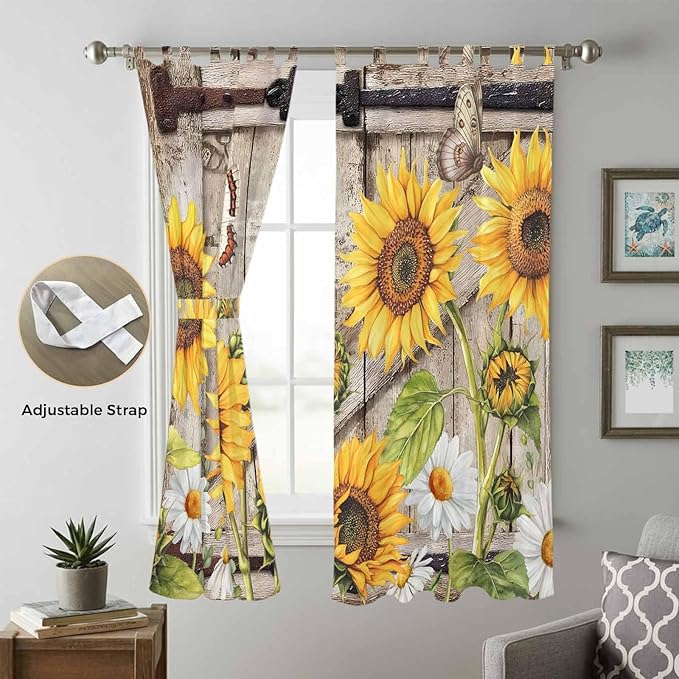 Farmhouse Sunflowers Living Room Curtains 96 Inch Length, Window Curtains Tab Top, Rustic Barn Doors Flowers Butterfly Wooden Light Filtering Window Treatments Drapes 52"x96" 2 Panel