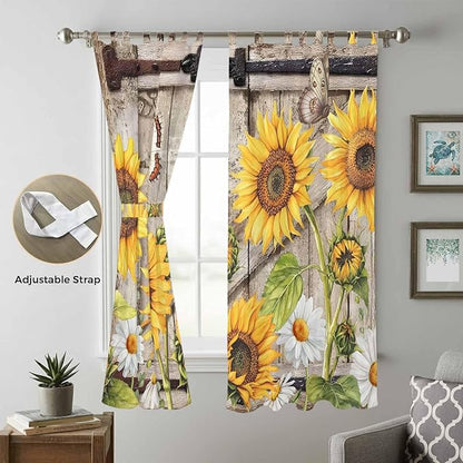 Farmhouse Sunflowers Living Room Curtains 84 Inch Length, Window Curtains Tab Top, Rustic Barn Doors Flowers Butterfly Wooden Light Filtering Window Treatments Drapes 52"x84" 2 Panel