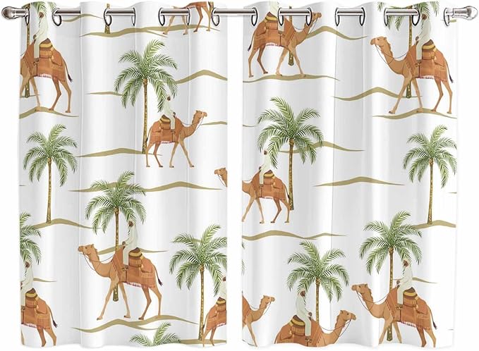 2 Panel Kitchen Cafe Curtains, Desert Camels Sunlight Filtering Nature Air Through, Home Decor Window Covering Tier Curtains for Bedroom Living Room 104W x 63L inch Tropical Date Palm Trees Animal