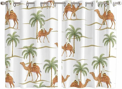 2 Panel Kitchen Cafe Curtains, Desert Camels Sunlight Filtering Nature Air Through, Home Decor Window Covering Tier Curtains for Bedroom Living Room 104W x 63L inch Tropical Date Palm Trees Animal