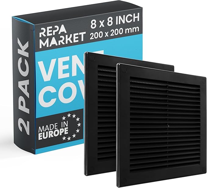 Repa Market 8 x 8 Inch (Outer) Black Square Air Vent Cover - Pack of 2 Plastic Fresh Air Intake Vent - AC Cover with Nylon Mesh Screen, Wall, Ceiling HVAC Return Air Register, Modern Soffit Vents
