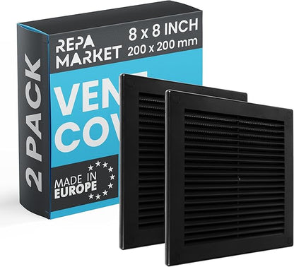 Repa Market 8 x 8 Inch (Outer) Black Square Air Vent Cover - Pack of 2 Plastic Fresh Air Intake Vent - AC Cover with Nylon Mesh Screen, Wall, Ceiling HVAC Return Air Register, Modern Soffit Vents