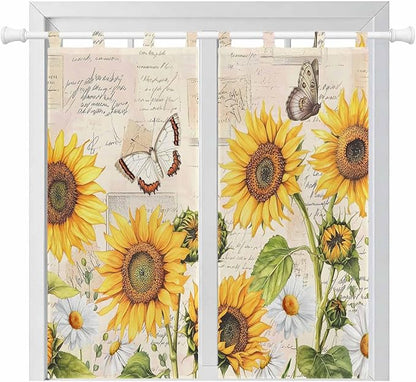 Yellow Sunflowers Living Room Curtains 84 Inch Length, Window Curtains Tab Top, Country Farm Butterfly Flower Light Beige Light Filtering Window Treatments Drapes 42"x84" 2 Panel