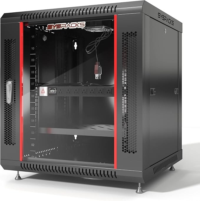 Sysracks 12U Wall Mount Server Rack Cabinet, 19” Locking Network Rack, 24” Deep, Glass Door, with Fan, PDU and Shelf