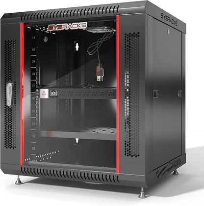 Sysracks 12U Wall Mount Server Rack Cabinet, 19” Locking Network Rack, 24” Deep, Glass Door, with Fan, PDU and Shelf