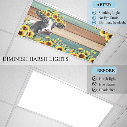 Fluorescent Light Covers Farm Cow Sunflower Magnetic Light Filters Vintage Blue Green Wood Grain Ceiling Light Covers for Classroom Office Home Drop Ceiling Lamp Decor 4 Pieces