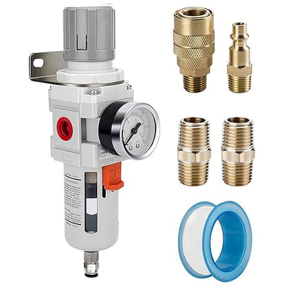 NANPU 3/8" NPT Compressed Air Filter Regulator Combo Piggyback, Semi-Auto Drain, 5 Micron Brass Element, Poly Bowl, Metal Bracket, 0-150 psi Gauge