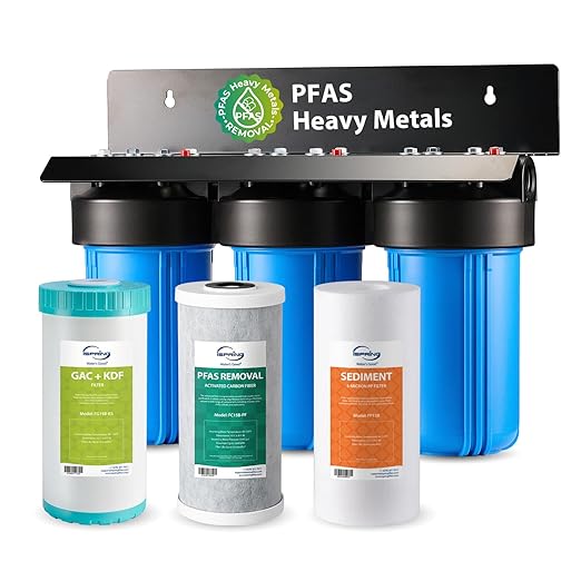 iSpring PFAS & Heavy Metals Removal 3-Stage Whole House Water Filter System, SGS-Tested to Reduce Up to 99% PFOA & PFOS, 10” x 4.5” Filters, 1” Inlet/Outlet, Model: WGB31B-PFKS
