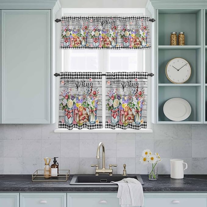 Spring Flowers Kitchen Curtain Set, Farmhouse Black Plaid Wood Grain Window Valance and Tiers 36" Length, Light Filtering Short Curtains Valance for Cafe Bathroom Bedroom 54"x18"
