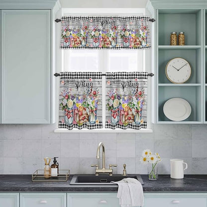 Spring Flowers Kitchen Curtain Set, Farmhouse Black Plaid Wood Grain Window Valance and Tiers 36" Length, Light Filtering Short Curtains Valance for Cafe Bathroom Bedroom 54"x18"