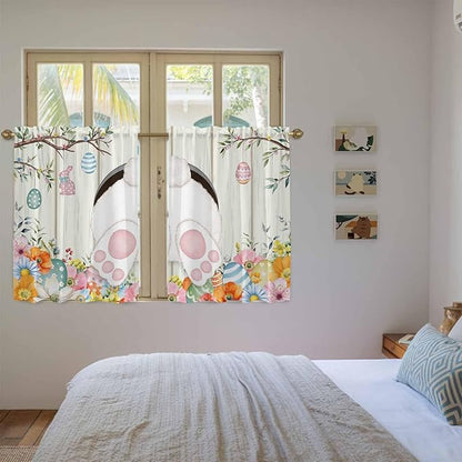 Easter Kitchen Tier Curtains 45 Inch Long 2 Panel Set,Rod Pocket Short Window Treatment,Spring Farmhouse Watercolor Bunny Eggs Wood Grain Light Filtering Curtains & Drapes for Bathroom 27.5"W x 45"L