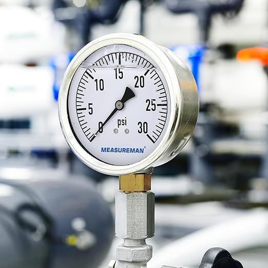 MEASUREMAN Glycerin Filled Plumbing Pressure Gauge 0-30psi Stainless Steel Case, 4" Dial 1/4" NPT Brass Lower Mount, Ideal for Residential Plumbing, Water Filtration Systems, Pneumatic Machinery