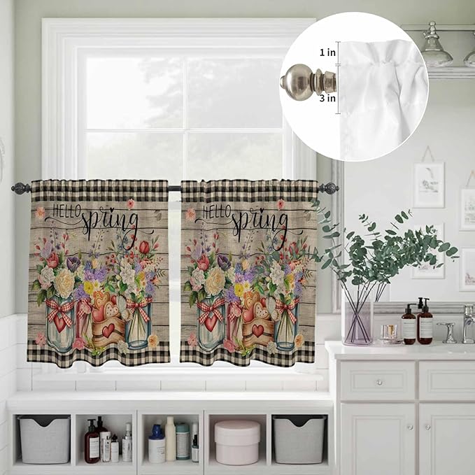 Kitchen Curtains Tiers and Valance Set of 3, Spring Flowers Light Filtering Window Curtain Set, Farmhouse Vintage Black Plaid Wood Grain Rod Pocket Curtain Drapes for Living Room, 36 Inches Tiers
