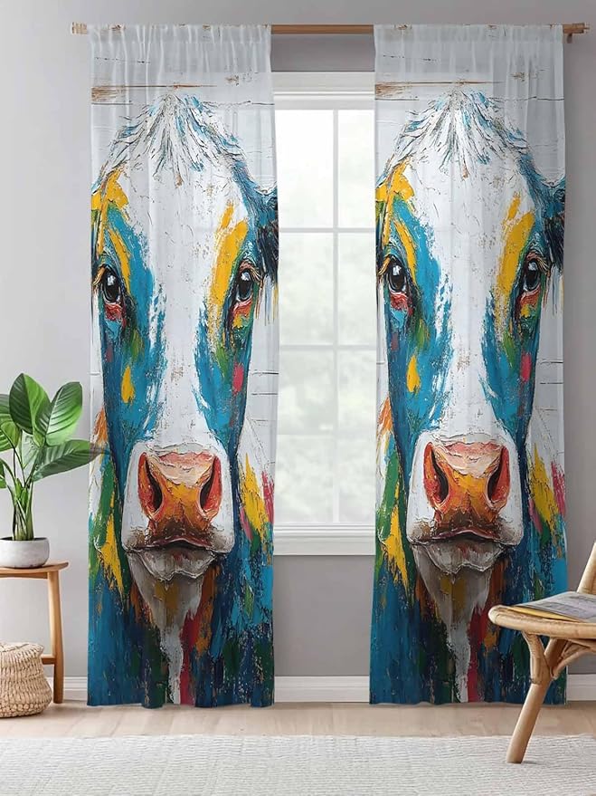 Sheer Curtains 96 Inches Long, Rustic Cow Semi Sheer Curtains Light Filtering Window Treatment, Vintage Colorful Animals Art Wooden Grain Privacy Voile Drapes for Living Room Bedroom 52x96 Inch