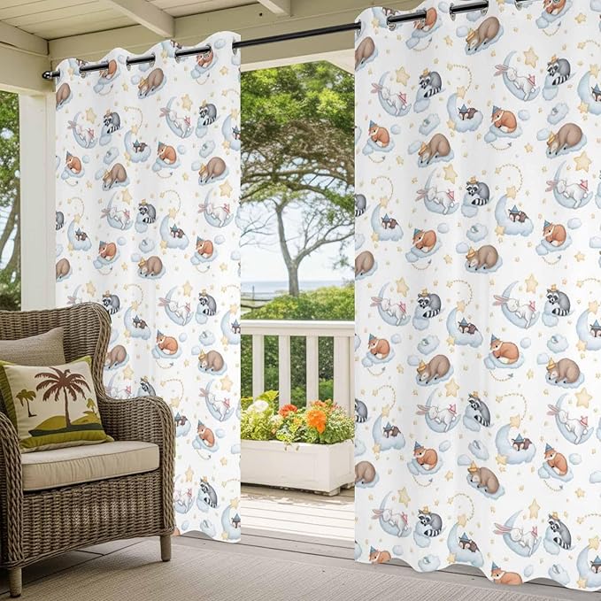 Cartoon Animals Outdoor Curtains for Patio Raccoons Rabbits Moon Waterproof Outside Curtains with Grommet Top Weatherproof Curtain for Cabana Pergola Gazebo, 1 Panel, 54" W x 108" L