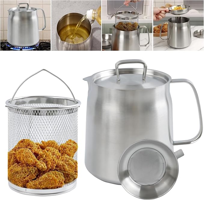 68oz 304 Stainless Steel Oil Filter Pot, Heavy Duty Bacon Grease Container & Deep Fryer Basket, Large Capacity Multi-function Oil Filter Vessel with Strainer for Kitchen Storing Frying Cooking Grease