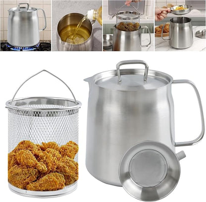 68oz 304 Stainless Steel Oil Filter Pot, Heavy Duty Bacon Grease Container & Deep Fryer Basket, Large Capacity Multi-function Oil Filter Vessel with Strainer for Kitchen Storing Frying Cooking Grease
