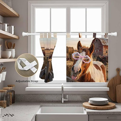 Farm Horses Kitchen Curtains 24 Inch Length, Small Window Curtains Tab Top, Farmhouse Barn Funny Animals Butterfly Light Filtering Short Window Treatments Tier Drapes 27.5"x24" 2 Panel