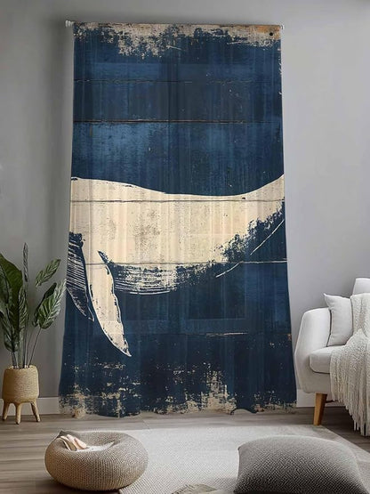 Sheer Curtains 84 Inches Long, Ocean Whale Blue Semi Sheer Curtains Light Filtering Window Treatment, Summer Coastal Vintage Wood Grain Privacy Voile Drapes for Living Room Bedroom 52x84 Inch