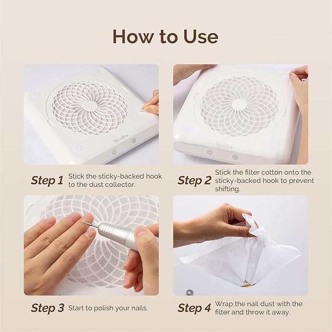 MelodySusie 200 Sheets Nail Dust Collector Filter Paper, Disposable Dust Vacuum Filter with 6pcs Sticky Back Hook for Most Nail Dust Fan Extractor Machine, Nail Tech Supplies for Salon & Home