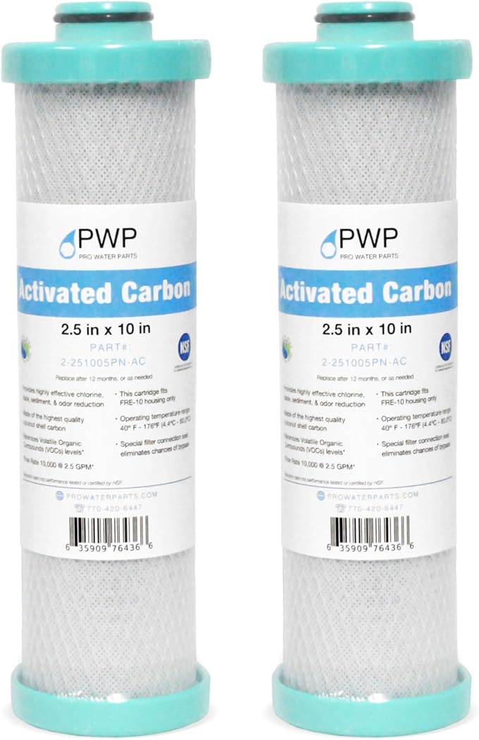 2 Pack 2.5 x 10" RV Water Filter Replaces FRE-10-GN Activated Carbon Block Push-Nipple Cartridge for Use with FRE-10H Housing OEM