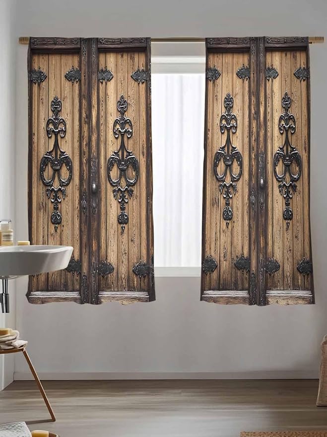 Sheer Curtains 63 Inch Length, Barn Door Semi Sheer Curtains Light Filtering Window Treatment, Farmhouse Wooden Grain Rustic Tribal Pattern Privacy Voile Drapes for Living Room Bedroom 52x63 Inch