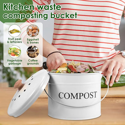 Kitchen Compost Bin 0.8 Gallon Metal Countertop Compost Bin with Lid and Handle, Smell Resistant Indoor Waste Bucket for Food Waste(White,1)