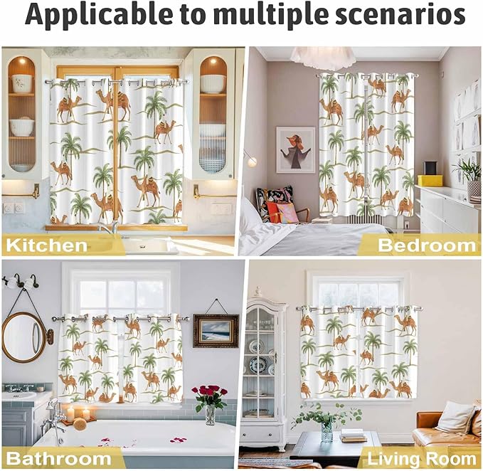 2 Panel Kitchen Cafe Curtains, Desert Camels Sunlight Filtering Nature Air Through, Home Decor Window Covering Tier Curtains for Bedroom Living Room 55W x 39L inch Tropical Date Palm Trees Animal