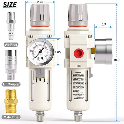 TAILONZ PNEUMATIC 1/2 Inch NPT White Air Filter Pressure Regulator Combo Piggyback, Air Tool Compressor Filter with Gauge AW4000-04