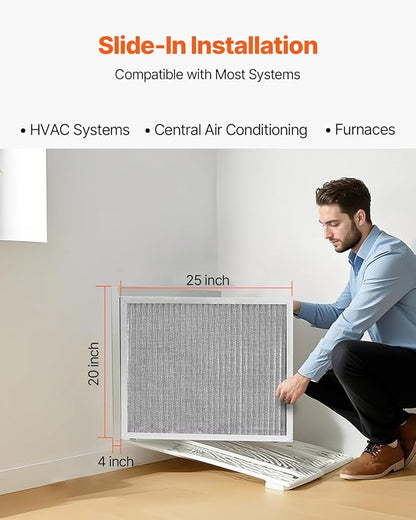 VEVOR 20x25x4 inch Electrostatic Air Filter, AC/HVAC Furnace Filter Washable & Reusable Aluminum, MERV 8 Long Lifetime, Home or Office (Actual Size: 19.37 x 24.37 x 3.58 in)