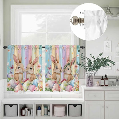 Easter Kitchen Curtains Set 3 Piece for Windows, Rod Pocket Valance and Tier Set 36 Inch Length, Spring Bunny Eggs Botanical Floral Wooden Grain Light Filtering Cafe Curtains for Living Room Bathroom