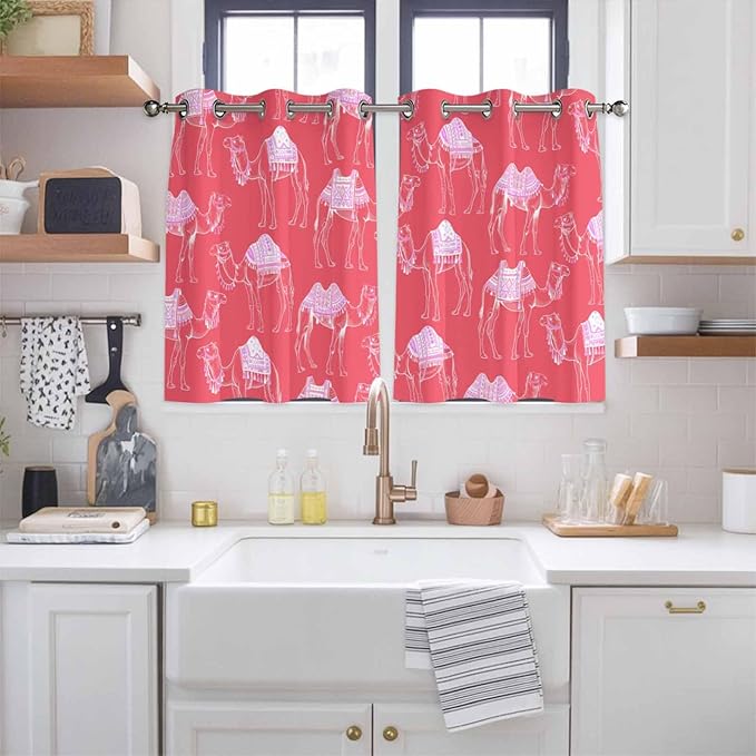 2 Panel Kitchen Cafe Curtains, Desert Camel Sunlight Filtering Nature Air Through, Home Decor Window Covering Tier Curtains for Bedroom Living Room Summer Sand Camel Animal Vintage Pink