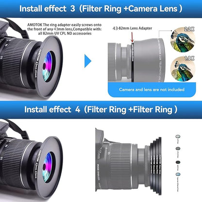 43mm to 82mm Lens adapter/43mm Lens to 82mm Camera Filters Ring Compatible All 43mm Camera Lenses to 82mm UV CPL ND Filter Accessory and 82mm Lens Hood(43-82mm)