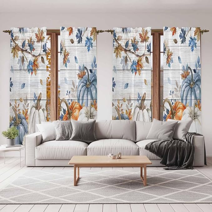 Thanksgiving Pumpkin Window Curtains 72 Inch Long 2 Panel Set,Rod Pocket Long Curtains & Drapes,Fall Maple Leaf Daisy Wooden Grain Light Filtering Window Treatment for Bedroom Living Room 52"W x 72"L