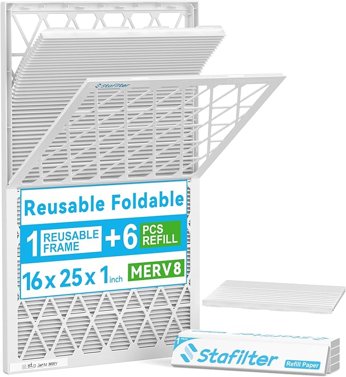 Reusable 16x25x1 Air Filter (MERV 8), 1 Foldable Frame + 6 Refills (Not Individual Filters), Greener HVAC AC Furnace Air Filters MPR 700&FPR 5(Actual Size:15.75"x24.75"x0.75")