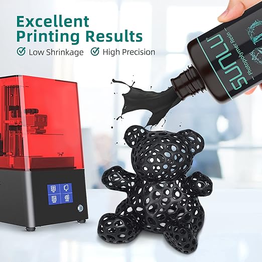 SUNLU 3D Printer Resin 1kg, Fast Curing Standard 3D Resin for LCD DLP SLA Resin 3D Printers, 395 to 405nm UV Curing 3D Printing Liquid Photopolymer Resin, Low Shrinkage, High Precision, 1000g, Black