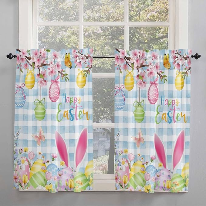 Happy Easter Kitchen Curtains 54 Inches length, Spring Watercolor Bunny Eggs Flower Blue Plaid Window Treatment Curtain Drapes, Thermal Insulated Drapes for Basement Hotel RV, 42"x54", 2 Panels