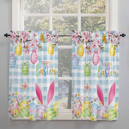 Happy Easter Kitchen Curtains 54 Inches length, Spring Watercolor Bunny Eggs Flower Blue Plaid Window Treatment Curtain Drapes, Decorative Window Curtains for Bedroom Cafe, 52"x54", 2 Panels