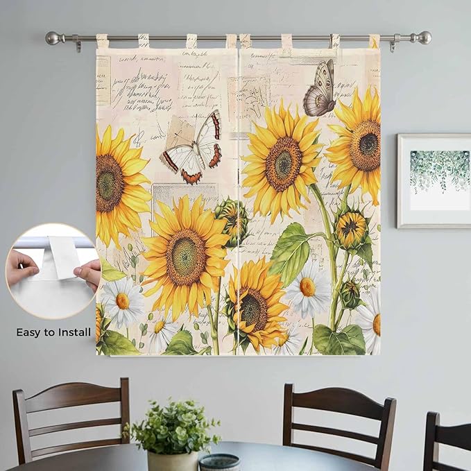 Yellow Sunflowers Living Room Curtains 84 Inch Length, Window Curtains Tab Top, Country Farm Butterfly Flower Light Beige Light Filtering Window Treatments Drapes 42"x84" 2 Panel