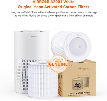 AIRROMI A2001 HEPA Air Purifier Replacement Filter, 3-In-1 Original Filter, Remove 99.97% of 0.3 Micron Particle 1 Pack White Activated Carbon