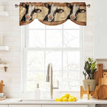 Farmhouse Cow Tie Up Valance Curtains for Windows, Kitchen Curtains Window Shades, Country Vintage Animals Wooden Grain Light Filtering Roman Curtain Valances for Bedroom/Bathroom/Cafe 60"x18"
