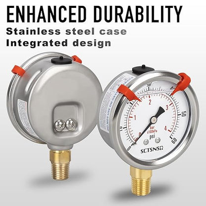 0 to 60 Psi Pressure Gauge, Glycerin Liquid Filled, 2.5 inch Dial, 1/4" NPT Lower Mount, Stainless Steel Case, for Pool Sand Filter, Water Pump, Propane, Coolant, CO2, Gas, Low Pressure Test