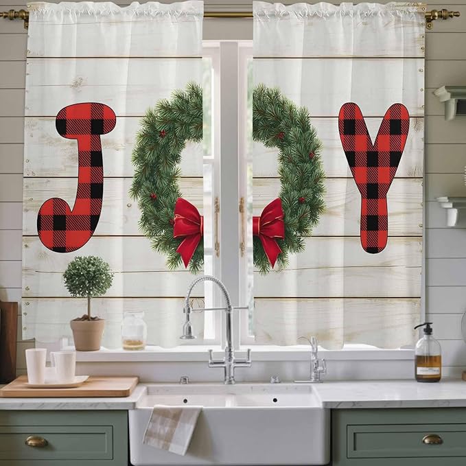 Christmas Wreaths Window Curtains 63 Inch Long 2 Panel Set, Rod Pocket Bedroom Curtains & Drapes, Winter Bow Plaid Farmhouse Wooden Grain Light Filtering Window Treatment for Living Room 42"W x 63"L