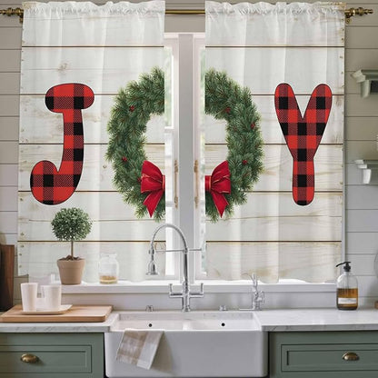 Christmas Wreaths Window Curtains 63 Inch Long 2 Panel Set, Rod Pocket Bedroom Curtains & Drapes, Winter Bow Plaid Farmhouse Wooden Grain Light Filtering Window Treatment for Living Room 42"W x 63"L