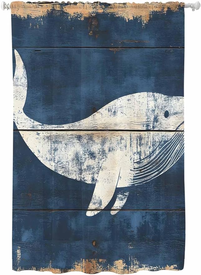 Sheer Curtains 72 Inches Long, Ocean Whale Blue Semi Sheer Curtains Light Filtering Window Treatment, Summer Sea Vintage Wooden Grain Privacy Voile Drapes for Living Room Bedroom 52x72 Inch