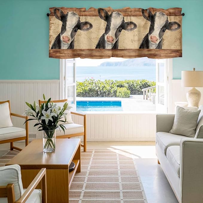 Farmhouse Cow Curtain Valances for Windows, Kitchen Valance Window Treatment, Country Vintage Animals Wooden Grain Light Filtering Block Curtains for Bathroom/Bedroom/Living Room 54'' x 18''